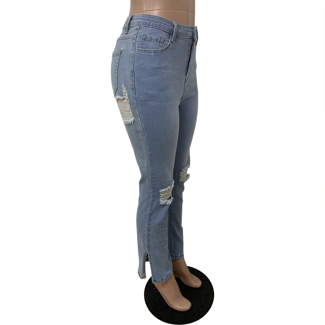 YD New Design Ladies Jean Trousers Female Skinny Ripped Slit Denim Jeans Women