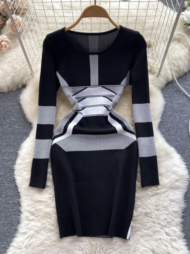 Casual Women Autumn Winter Sweater Dress Color Match Geometric Slim St