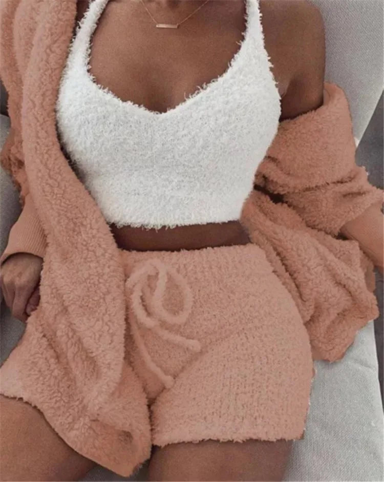 Plus Size Pajama Sets Three Piece Suits Hooded Sleepwear Womens Faux Fur Fluffy Warm Pajamas Short Set