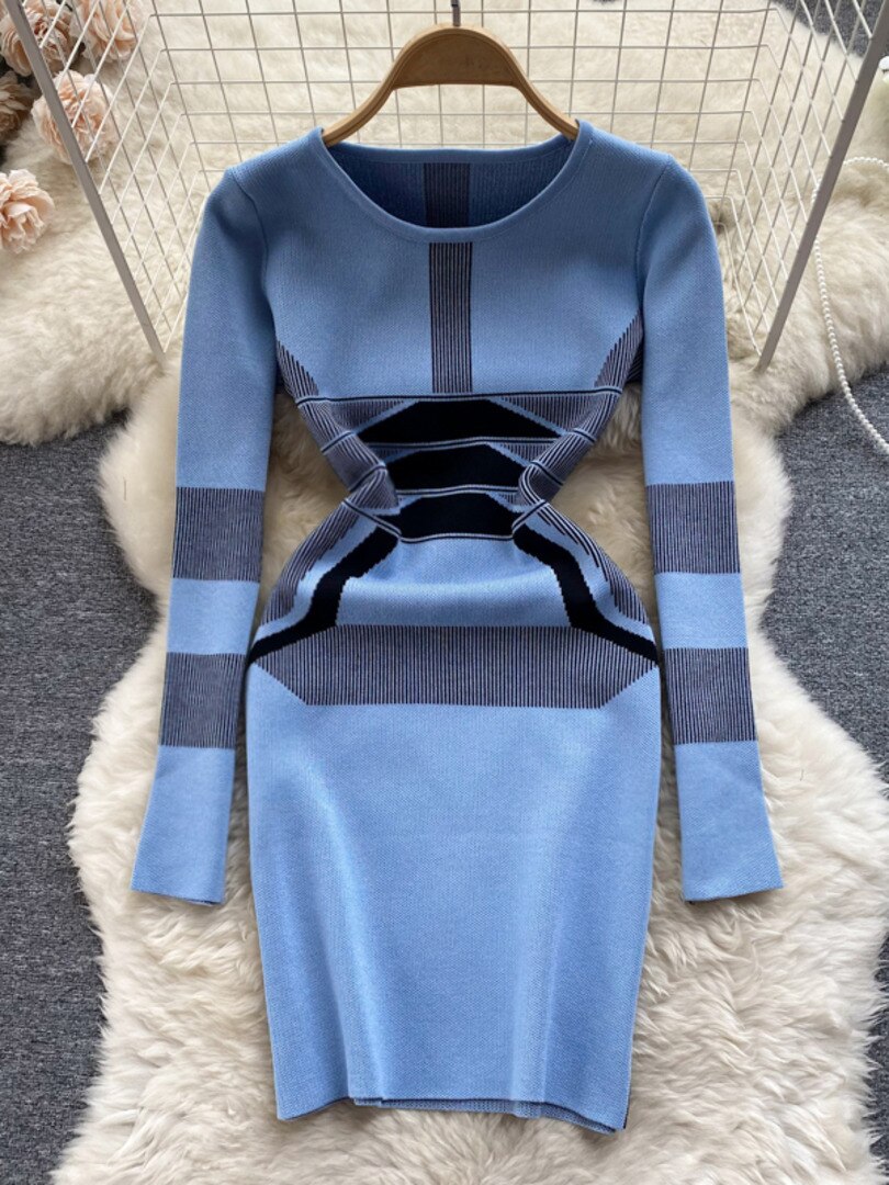 Casual Women Autumn Winter Sweater Dress Color Match Geometric Slim St