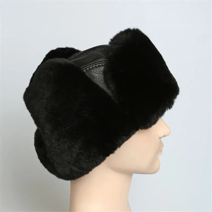 Mens Winter Hats Ear Flaps Russian Real Fur Hat