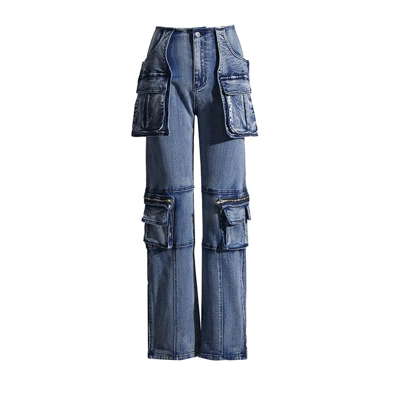 OUDINA Hotselling Clothing Vintage Multi-Pocket Zipper  Skinny Straight Denim Pants Mujer Women Jean Cargo Women's Jeans