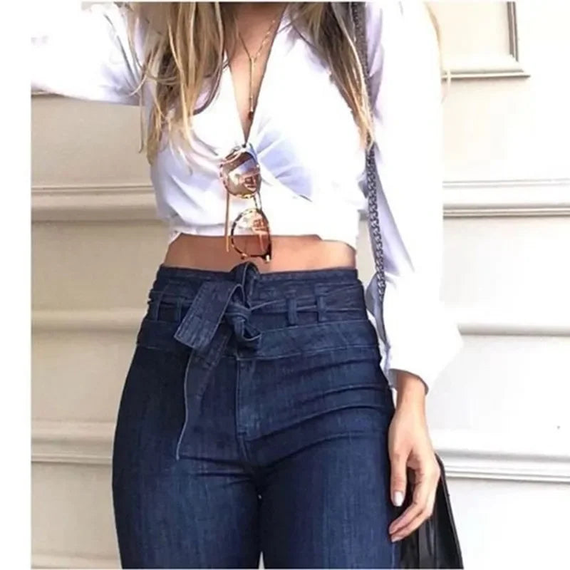 Denim Tie Waist Flare Jeans Boyfriend