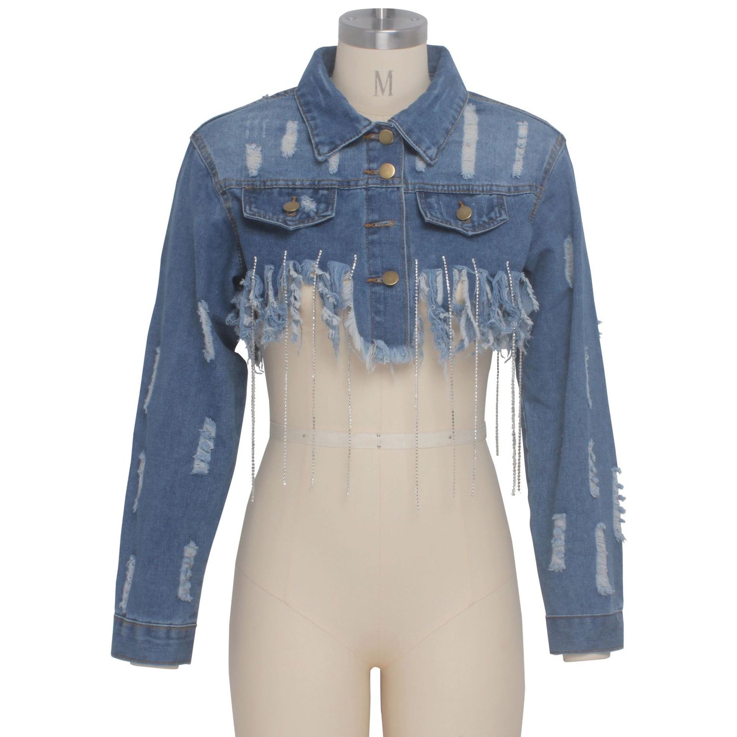 Ripped Denim Long Sleeve Crop  Jeans Jacket