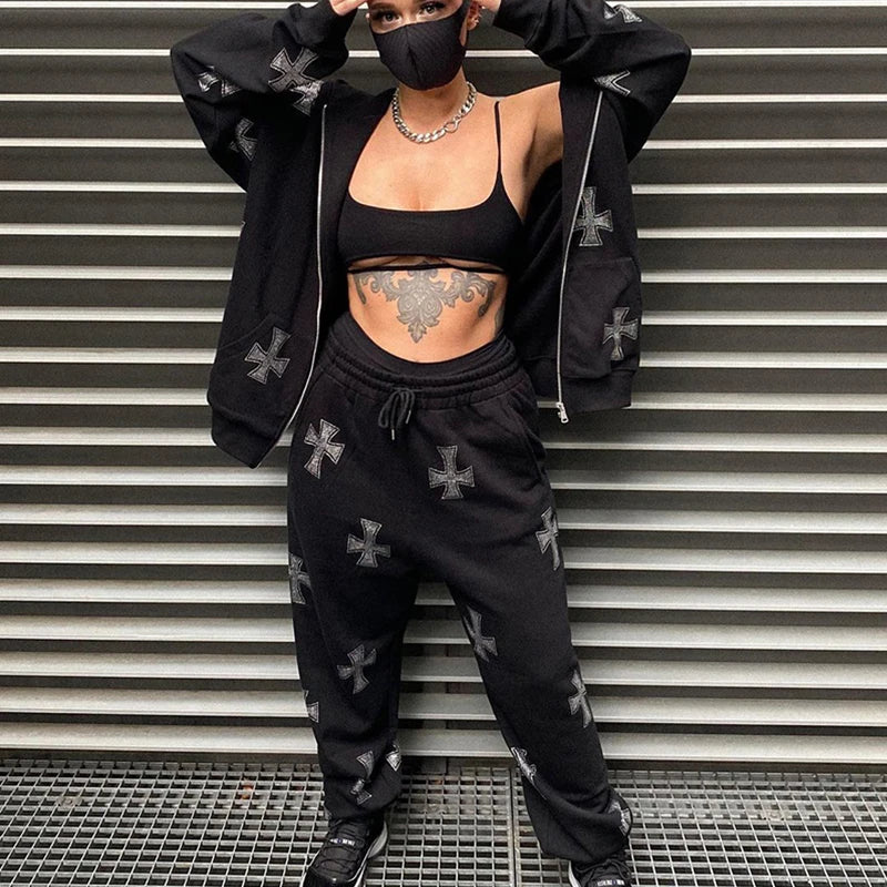 Y2K Fashion Rhinestone Hoodies Women Hip Hop Joggers Jacket Korean Oversized Zip Sport Coat Ladies Gothic Winter 2021 Women Set