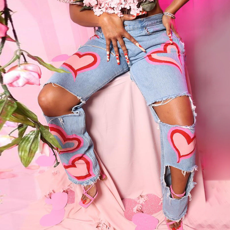 Hollow Out Hole Straight  Heart Printed Women Ripped Jeans