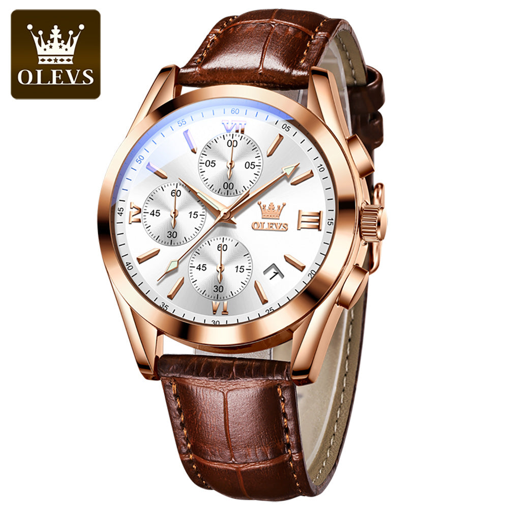 OLEVS 2872 Luxury Three-Eye Belt Quartz Watch Stainless Steel Back Custom Wholesale China Men Watch