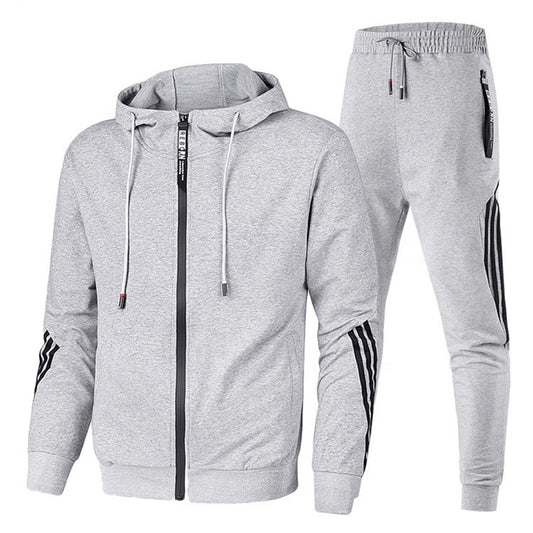 XLL-Sport Wear Tracksuit Joggers Men Cotton Side Stripe Zipper Hooded Two Piece Set