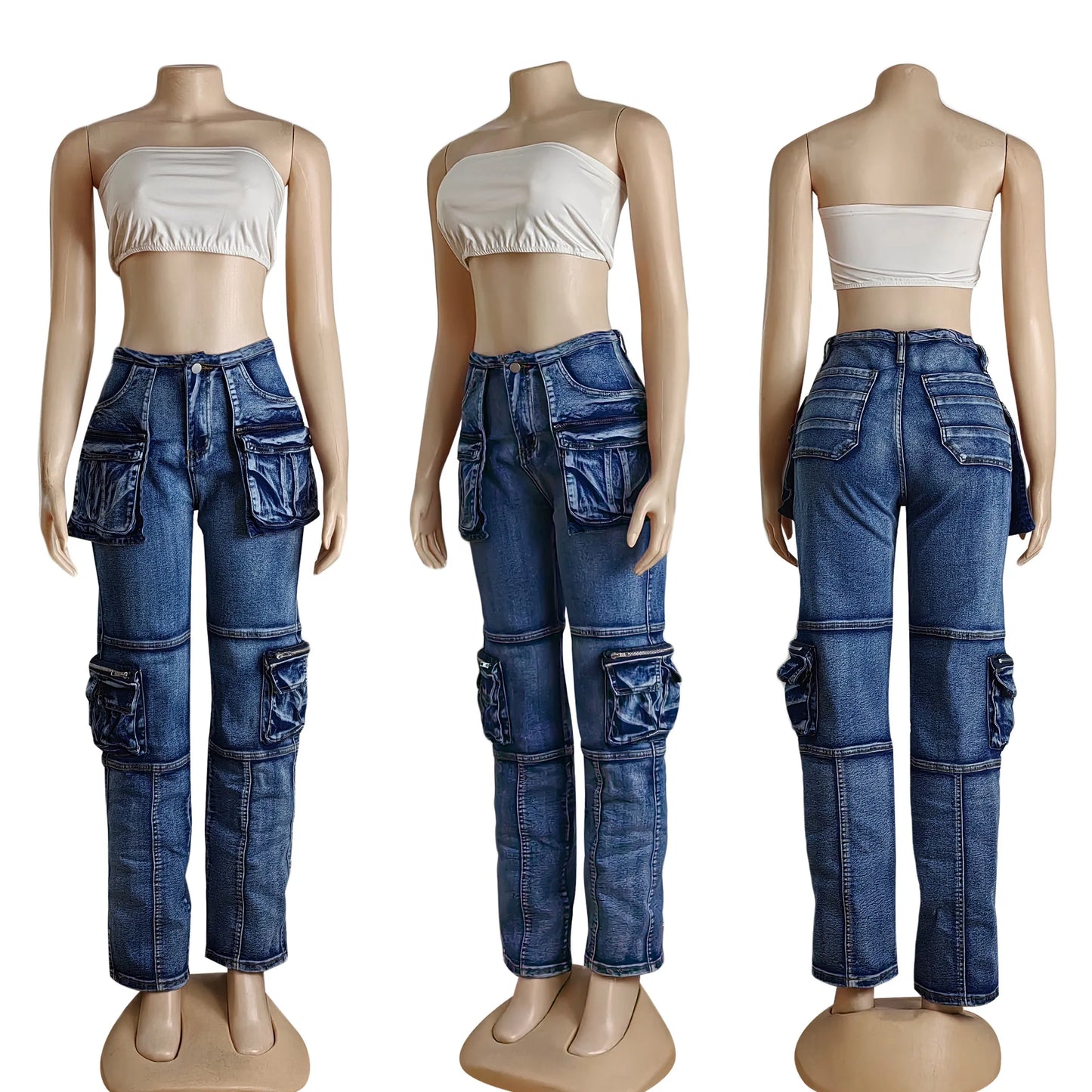 Wide Leg Denim Boyfriend Cargo Jeans