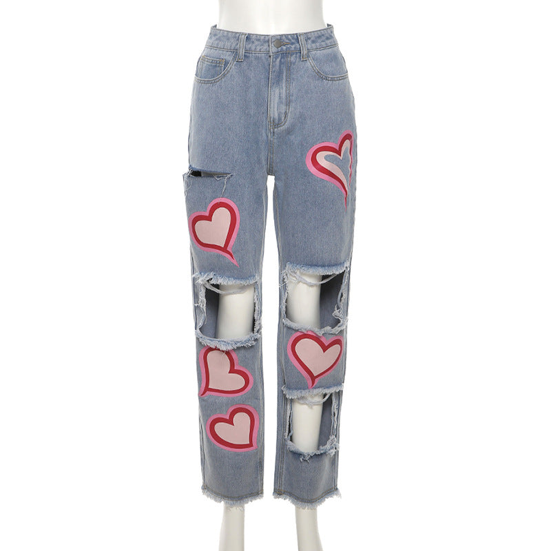 Hollow Out Hole Straight  Heart Printed Women Ripped Jeans