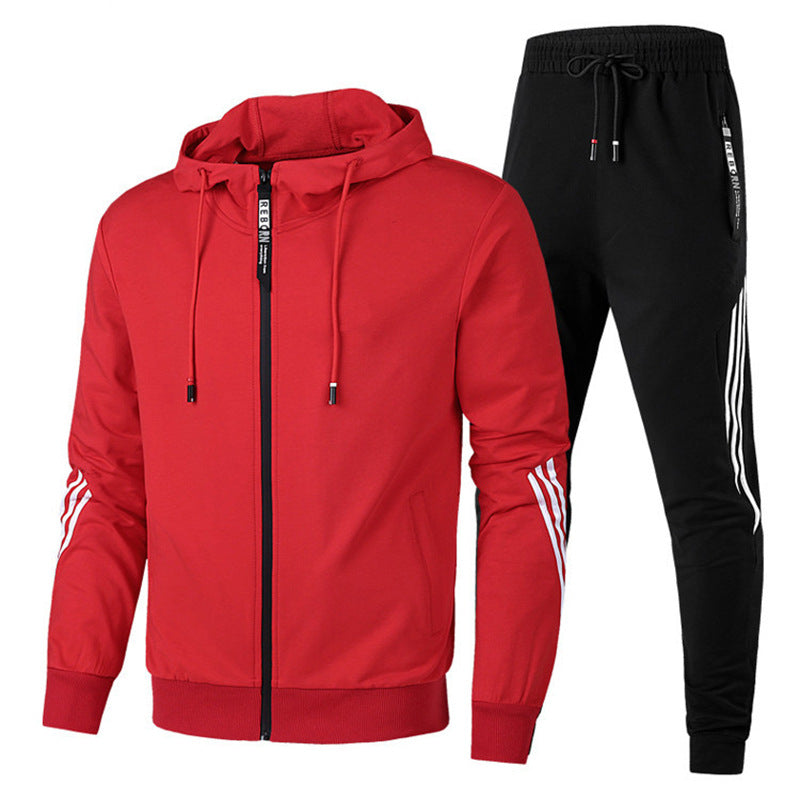 XLL-Sport Wear Tracksuit Joggers Men Cotton Side Stripe Zipper Hooded Two Piece Set