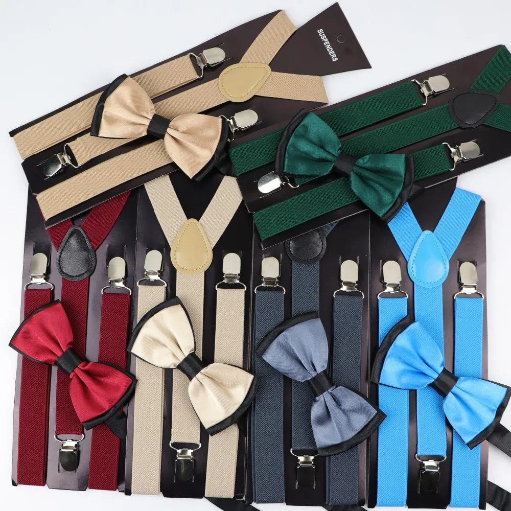 Solid Color Man's Belt Bowtie Set Men Women Suspenders Polyester Y-Back Braces Two Colors Bow Tie Adjustable Elastic