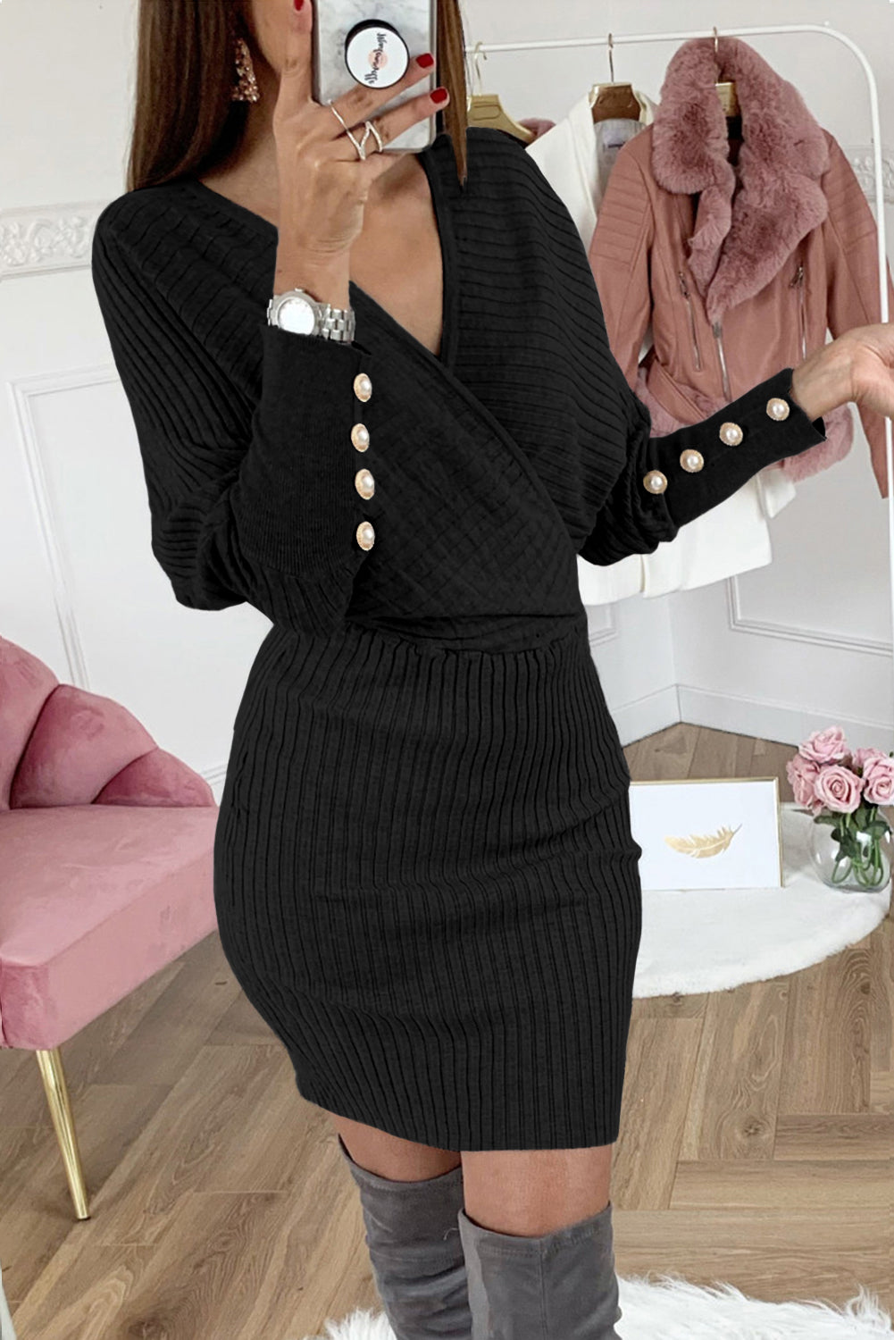 Black Wrap V Neck Batwing Sleeves Ribbed Sweater Dress