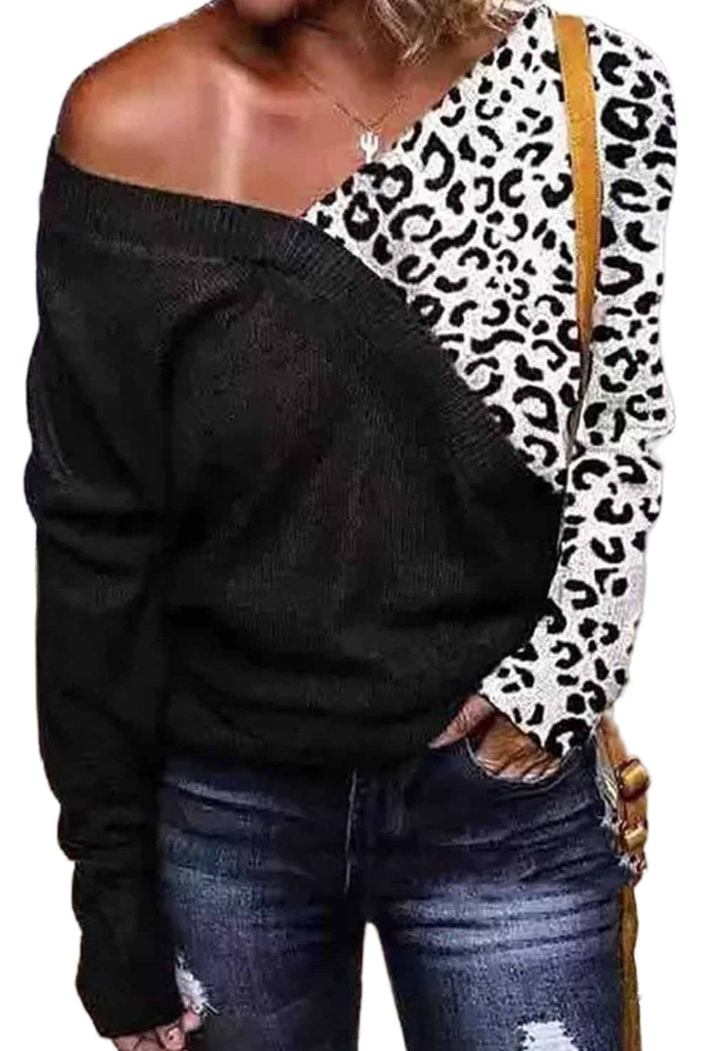 Cold Shoulder Leopard Splicing Knitted Sweater