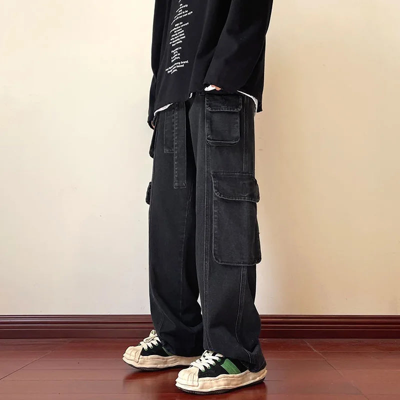 Men Jeans Wide Leg Denim Pant Loose Straight Baggy