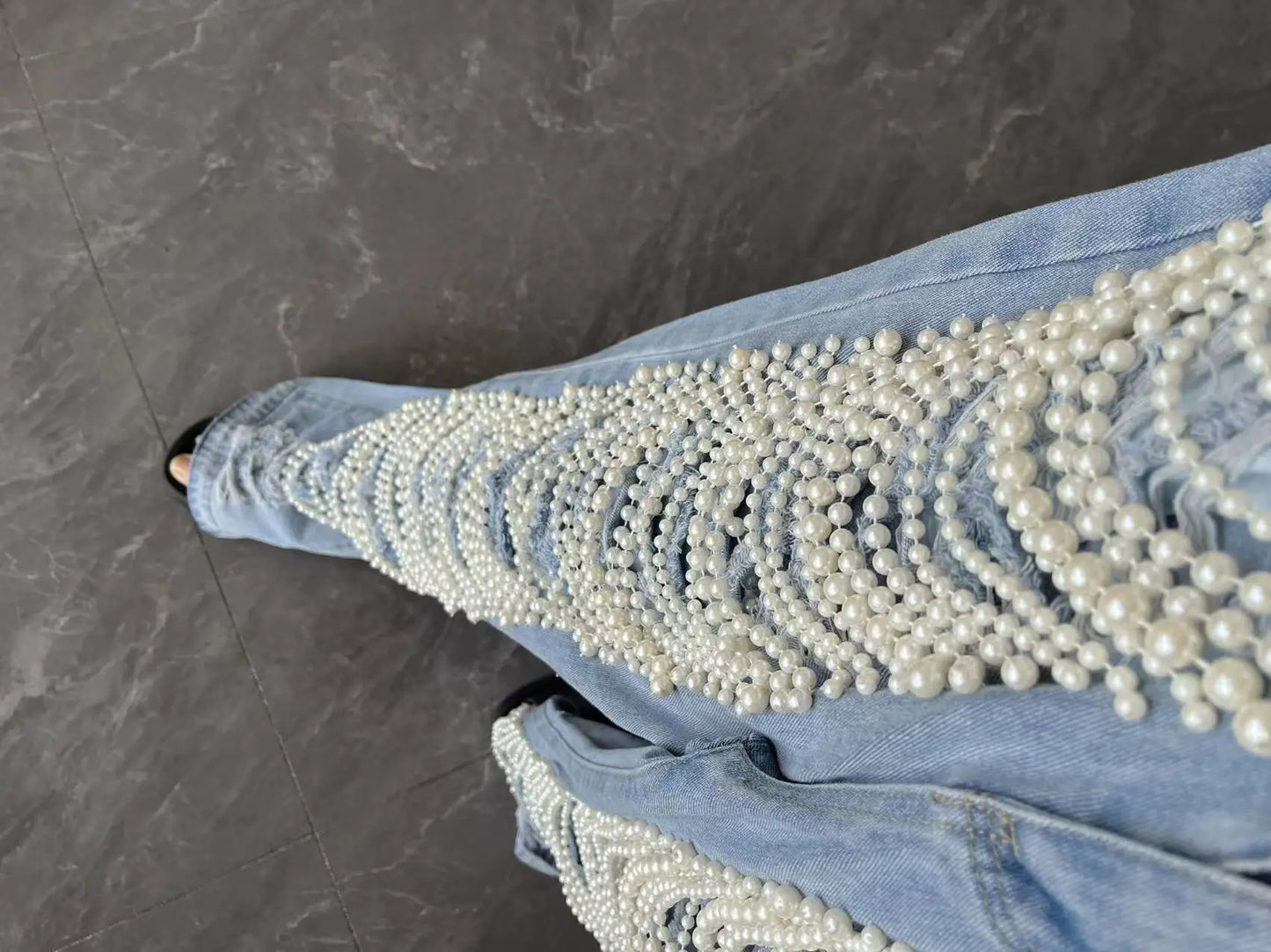 Straight Jeans Women Holes Pearls Diamond Rhinstones