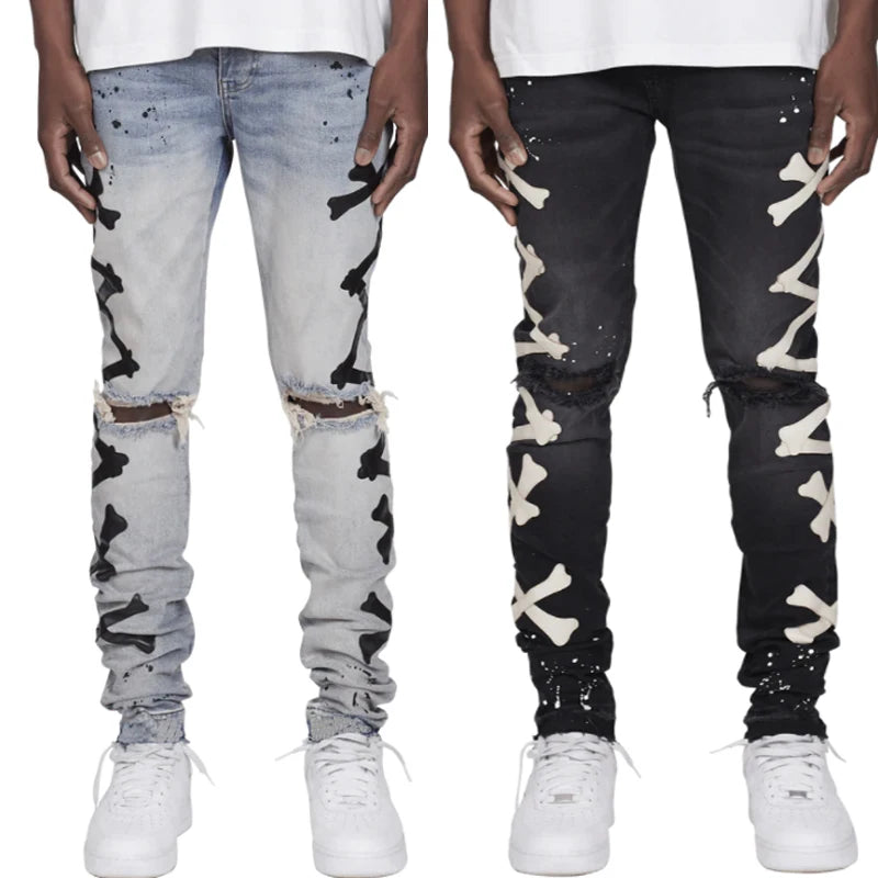 Men Stretch Slim Printed Bones Skinny Pants