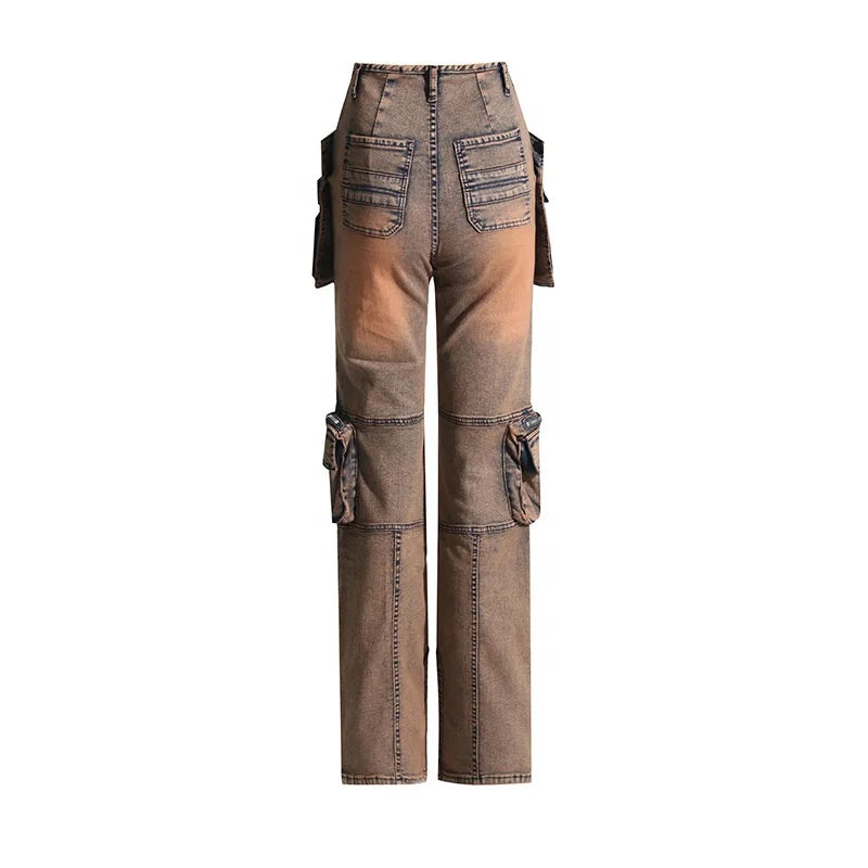 OUDINA Hotselling Clothing Vintage Multi-Pocket Zipper  Skinny Straight Denim Pants Mujer Women Jean Cargo Women's Jeans