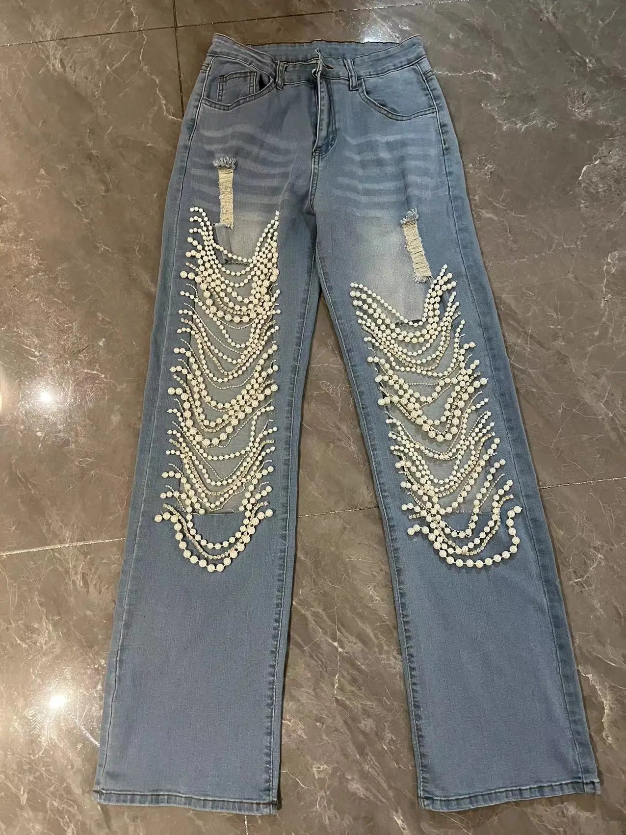 Straight Jeans Women Holes Pearls Diamond Rhinstones