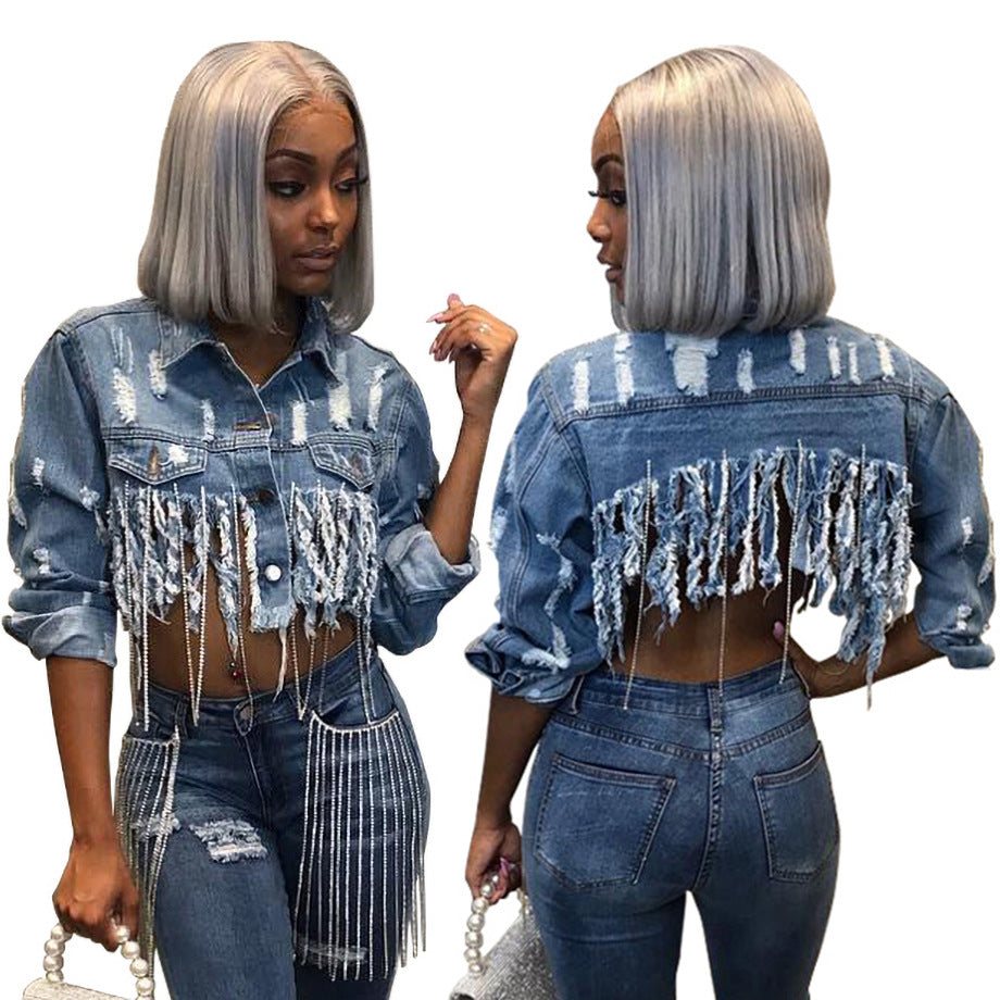 Ripped Denim Long Sleeve Crop  Jeans Jacket