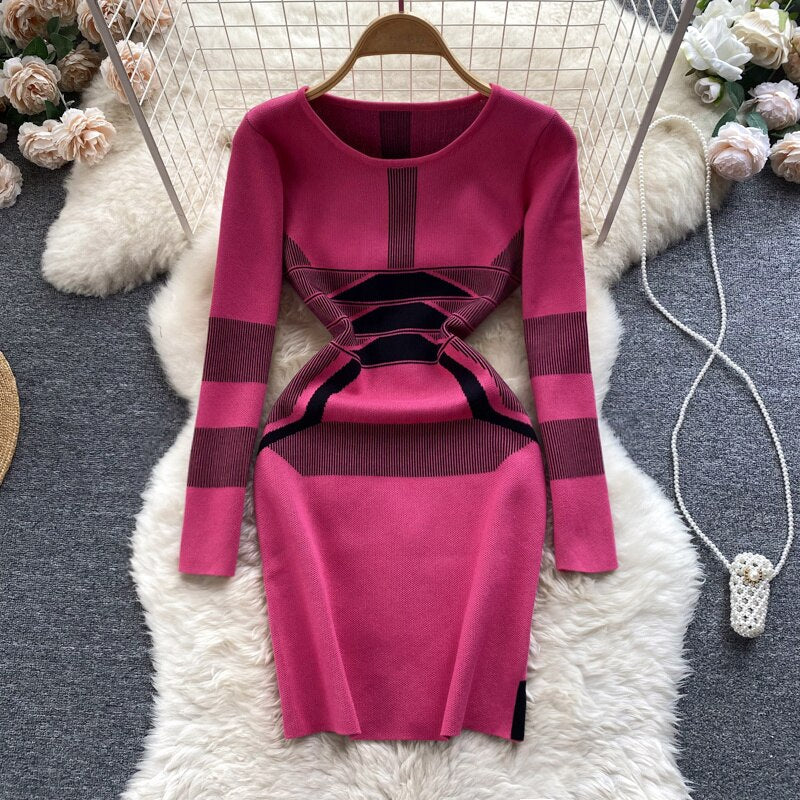 Casual Women Autumn Winter Sweater Dress Color Match Geometric Slim St