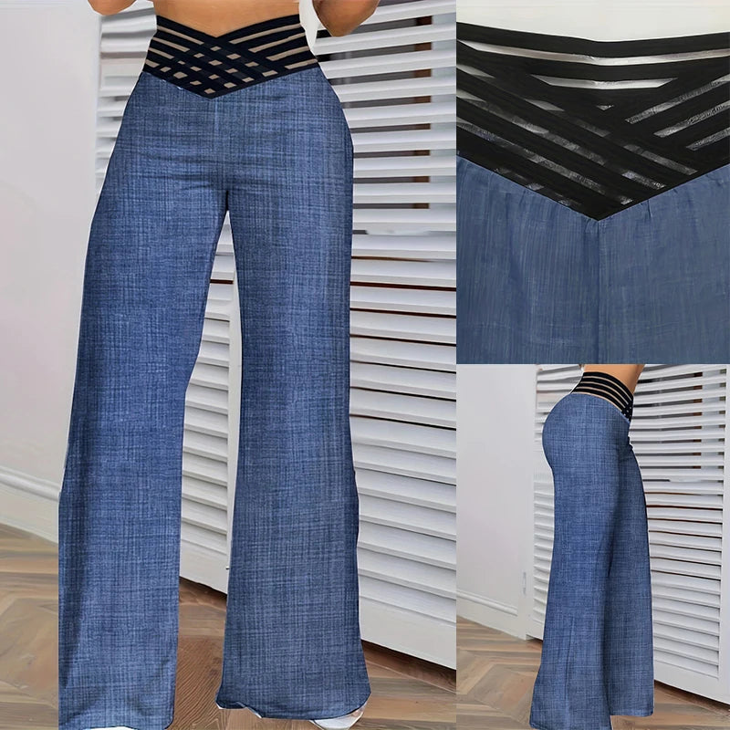 Women Wide Leg Flared Pants Autumn Casual Crisscross Sheer Mesh