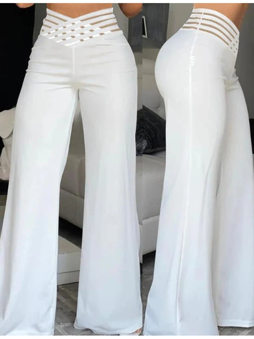 Elegant High Waist Flared Women Pants Office Casual Crisscross Sheer