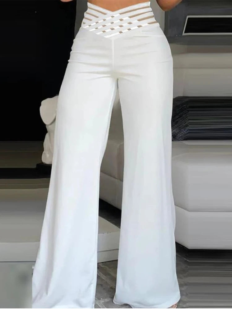 Elegant High Waist Flared Women Pants Office Casual Crisscross Sheer