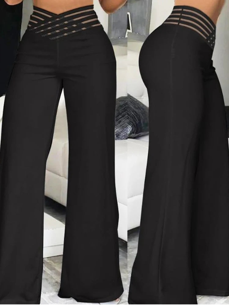 Elegant High Waist Flared Women Pants Office Casual Crisscross Sheer