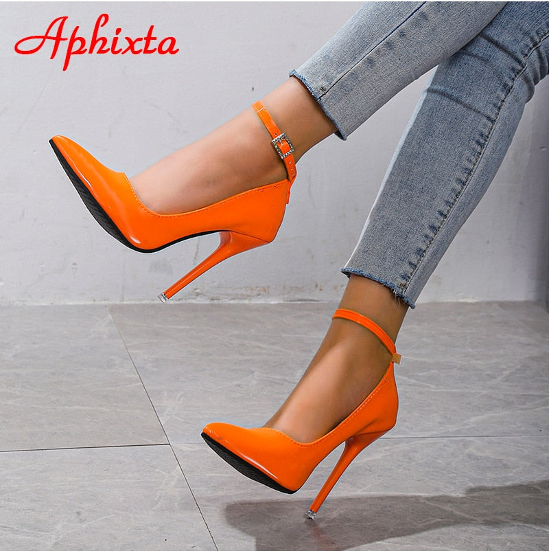 Aphixta Orange New Luxury Crystals Buckle Pimp Super High 12cm