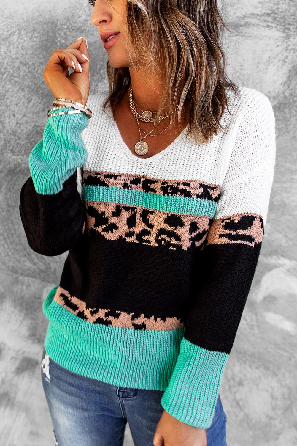 Leopard Color Block V Neck Sweater