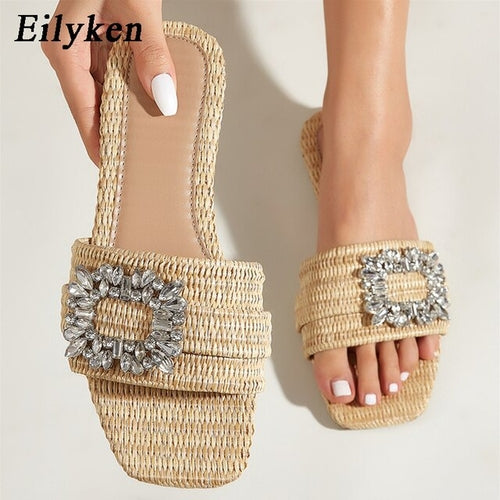 Eilyken Summer Glitter Rhinestone Women Slippers Bright Diamond Flat