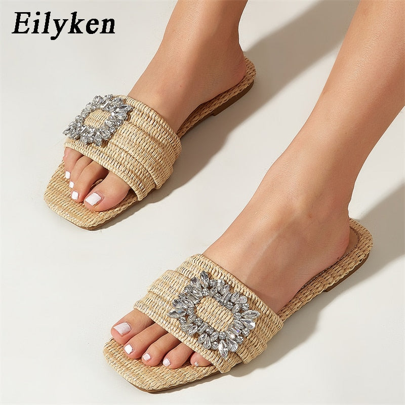 Eilyken Summer Glitter Rhinestone Women Slippers Bright Diamond Flat