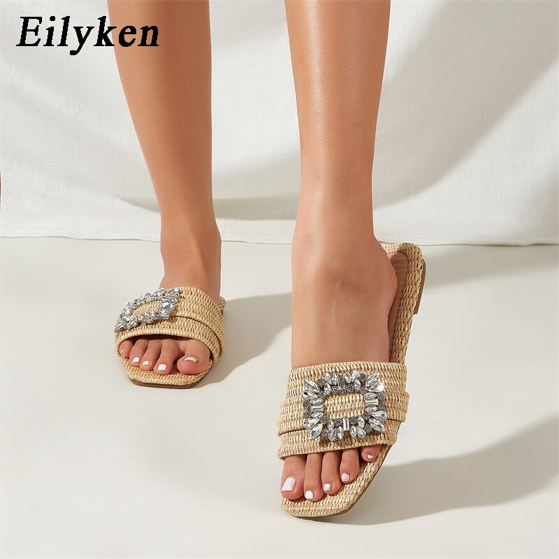 Eilyken Summer Glitter Rhinestone Women Slippers Bright Diamond Flat