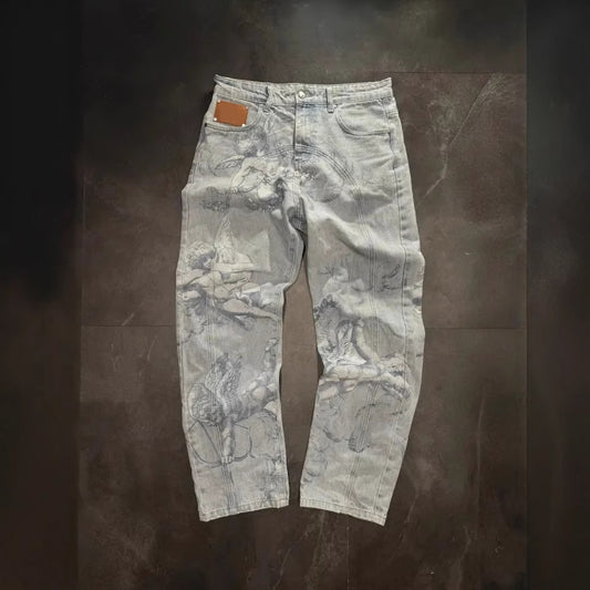 Casual All-match Graffiti Washed Worn Denim Pants