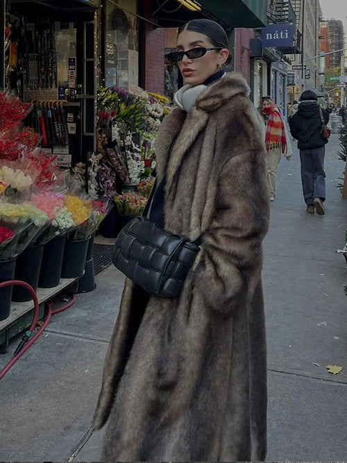 Women's Thick Brown Faux Fur Long Overcoat Fashion Fleece Warm Long