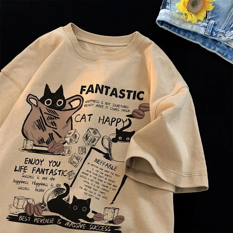 New Men Women T Shirt Pullover Oversize Korean version Cartoon Cat