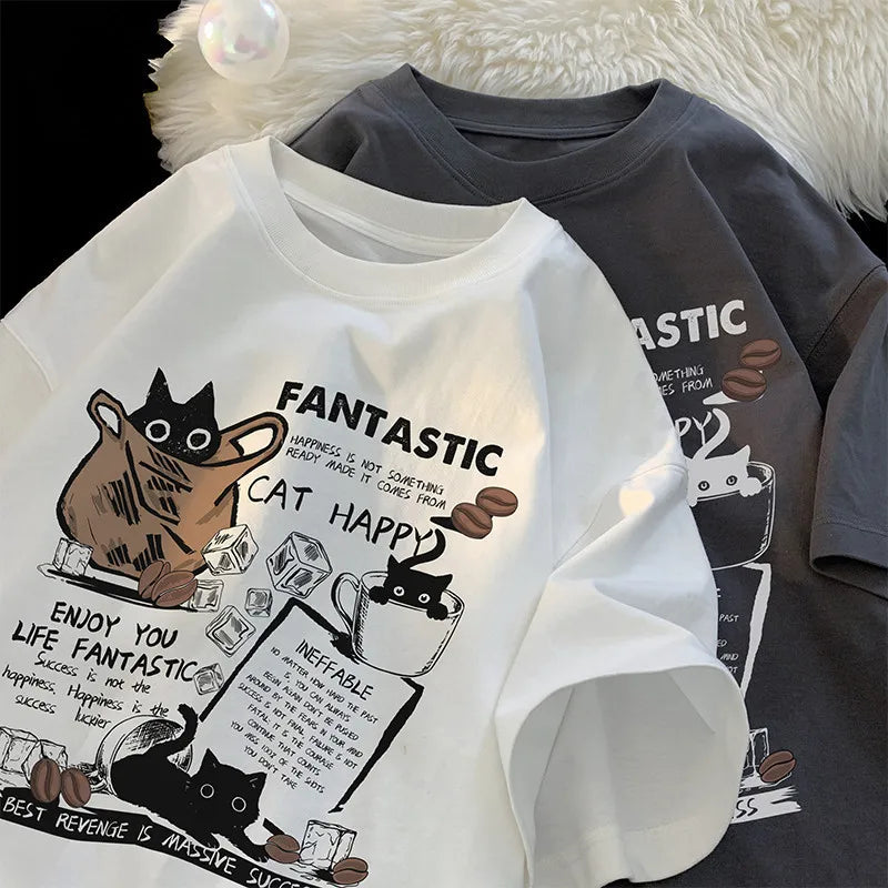 New Men Women T Shirt Pullover Oversize Korean version Cartoon Cat