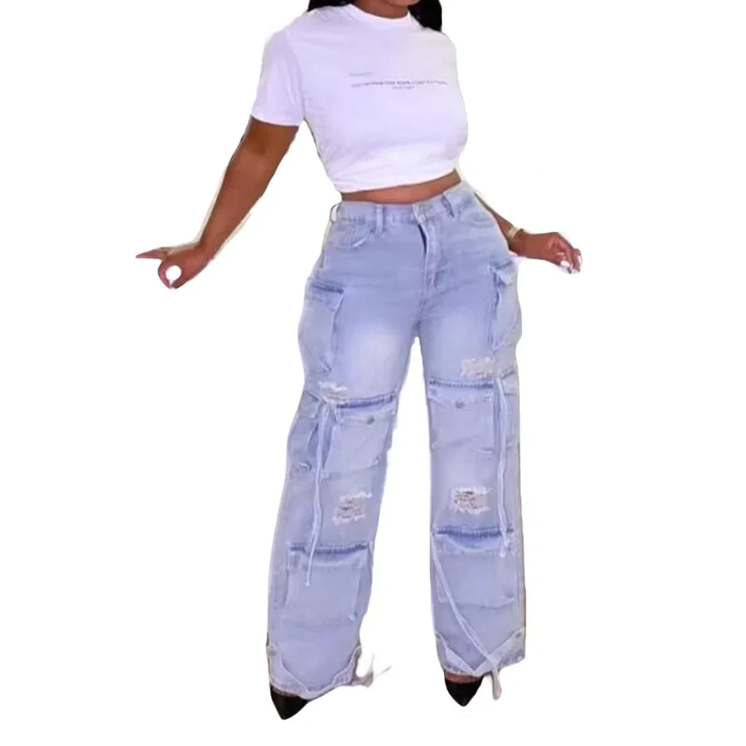 Denim Pocket Retro Loose Wide Leg Cargo Pants