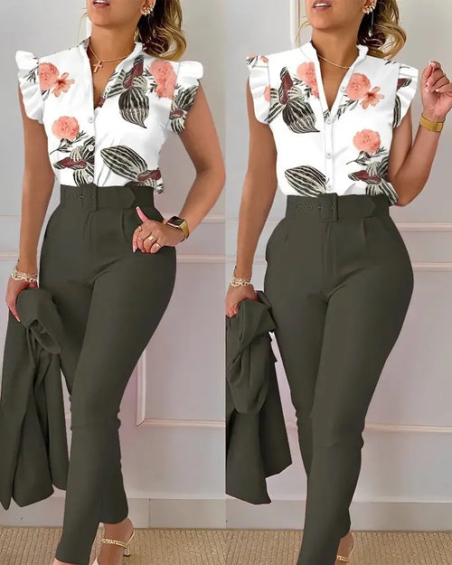 Summer Women's Flower Print Lotus Leaf Sleeve High Waist Pants Set