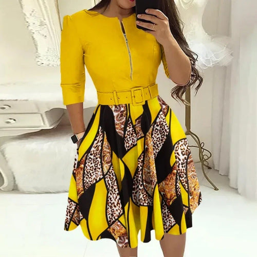 Fashion Women Patchwork A-line Dresses Autumn/Winter Round Neck