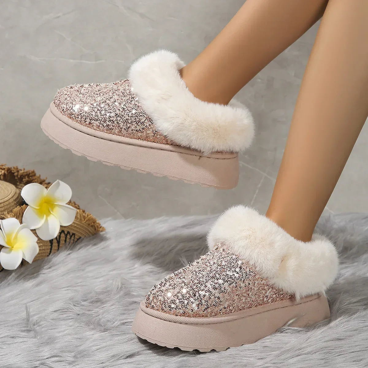 Ankle Snow Boots Women  New Fashion Shiny Fur Short Plush