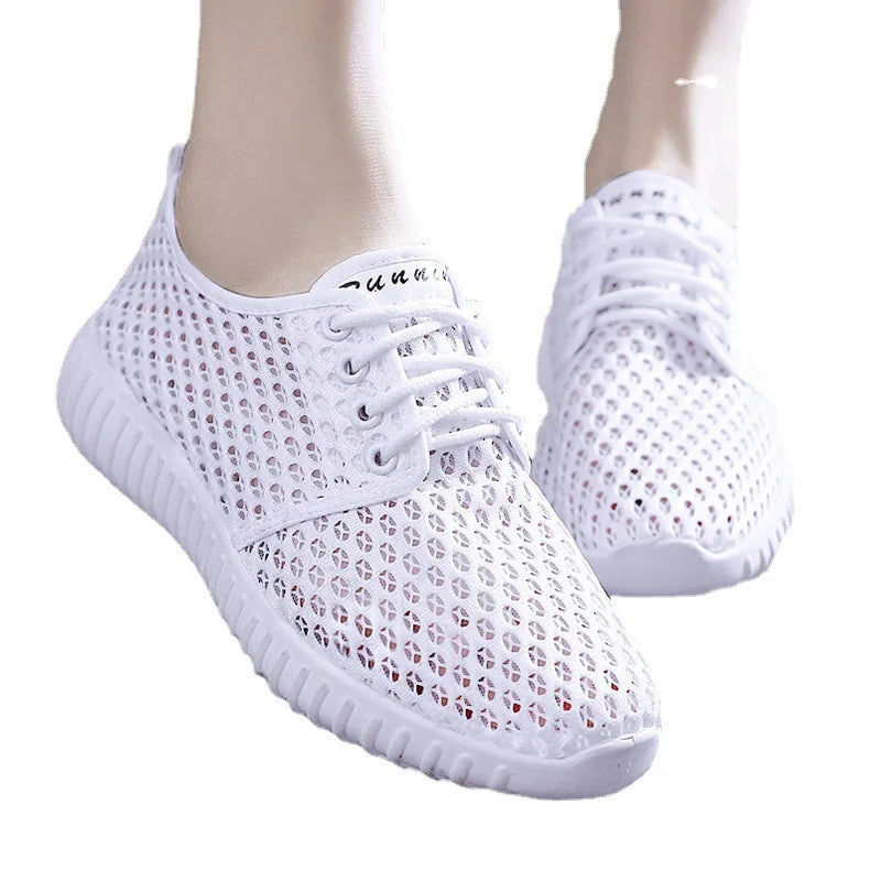 Womens Shoes Hollow Out Breathable Lace Up Flats Breathable Mesh