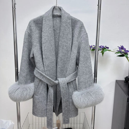 UCXQ Elegant OL Office Lady Overcoats Fur Patchwork Long Sleeve Woolen