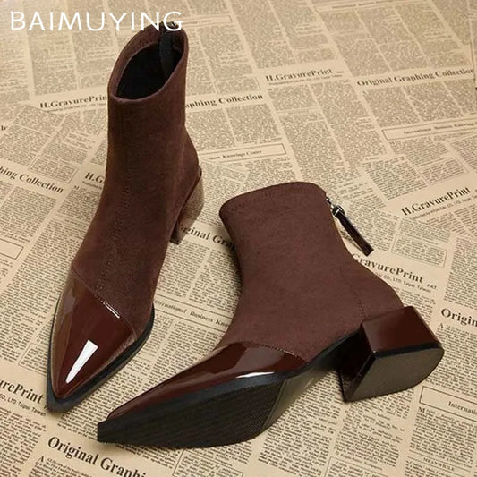 Ankle Boots Women Chunky Mid Heels Suede Shoes Woman Pointed Toe