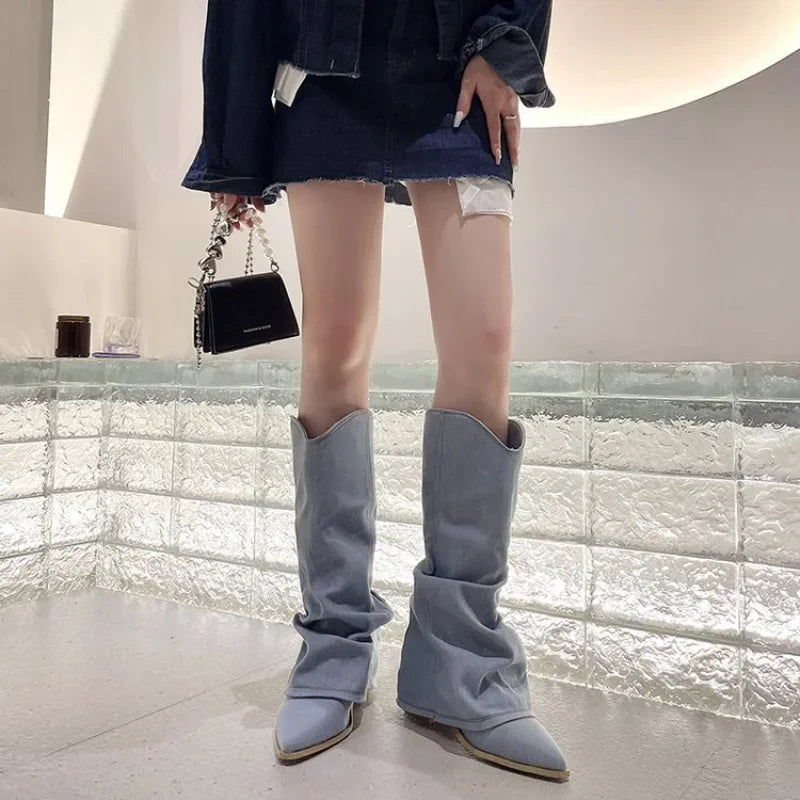 Women Pleats Blue Denim Thigh High Boots Autumn New Thick Heeled