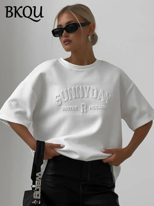 Rhinestone Loose T-Shirt  Irregular Short Sleeve