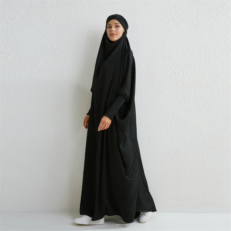 Muslim Abaya Hooded Smocking Sleeve One-piece Prayer Dress Women