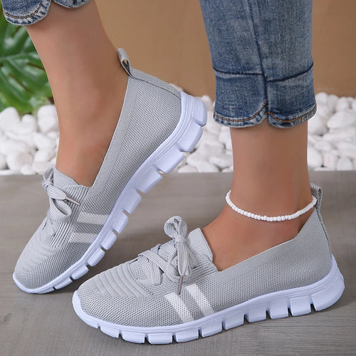 Breathable Knitted Striped Flats Shoes Women Casual Lace-Up Soft Sole