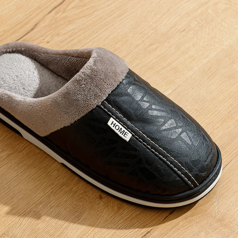 Men's slippers Winter Big Size Indoor Waterproof PU Leather Large